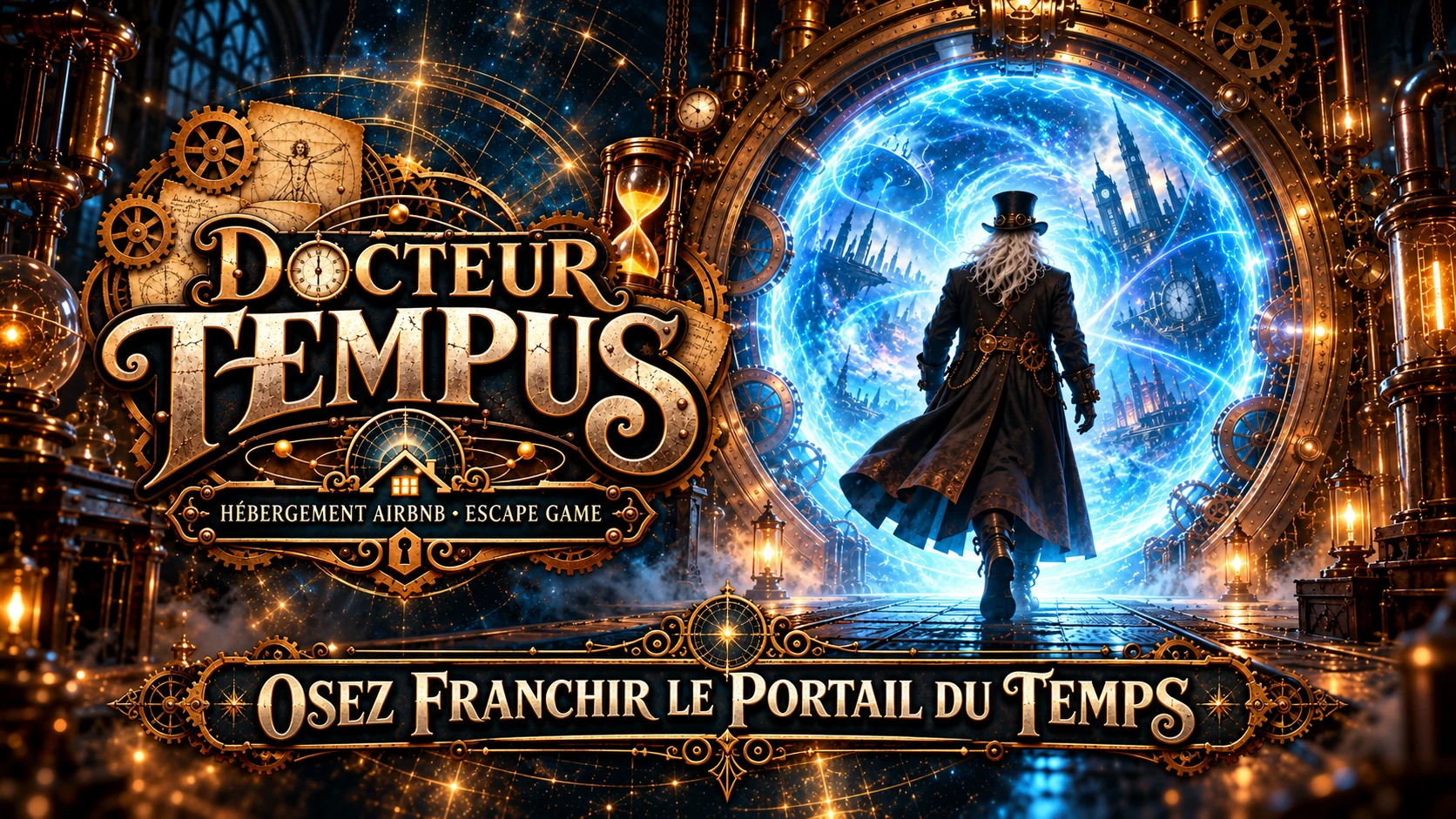 Affiche Docteur Tempus : le voyageur aux cheveux blancs, vu de dos, avance vers un portail temporel bleu au milieu d’un laboratoire steampunk.